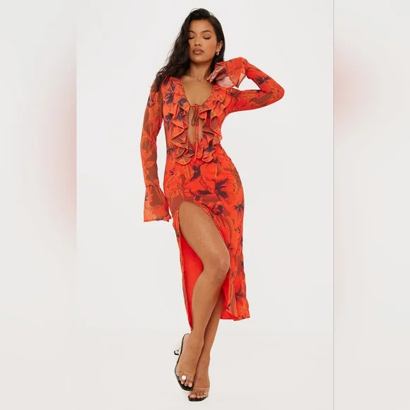 white christmas dresses Long Sleeve Ditsy Floral Chiffon Midi Dress In Black Multi